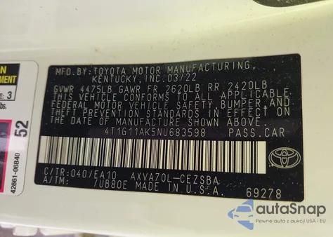 2022 Toyota Camry Se из США, поврежденный, VIN 4T1G11AK5NU683598